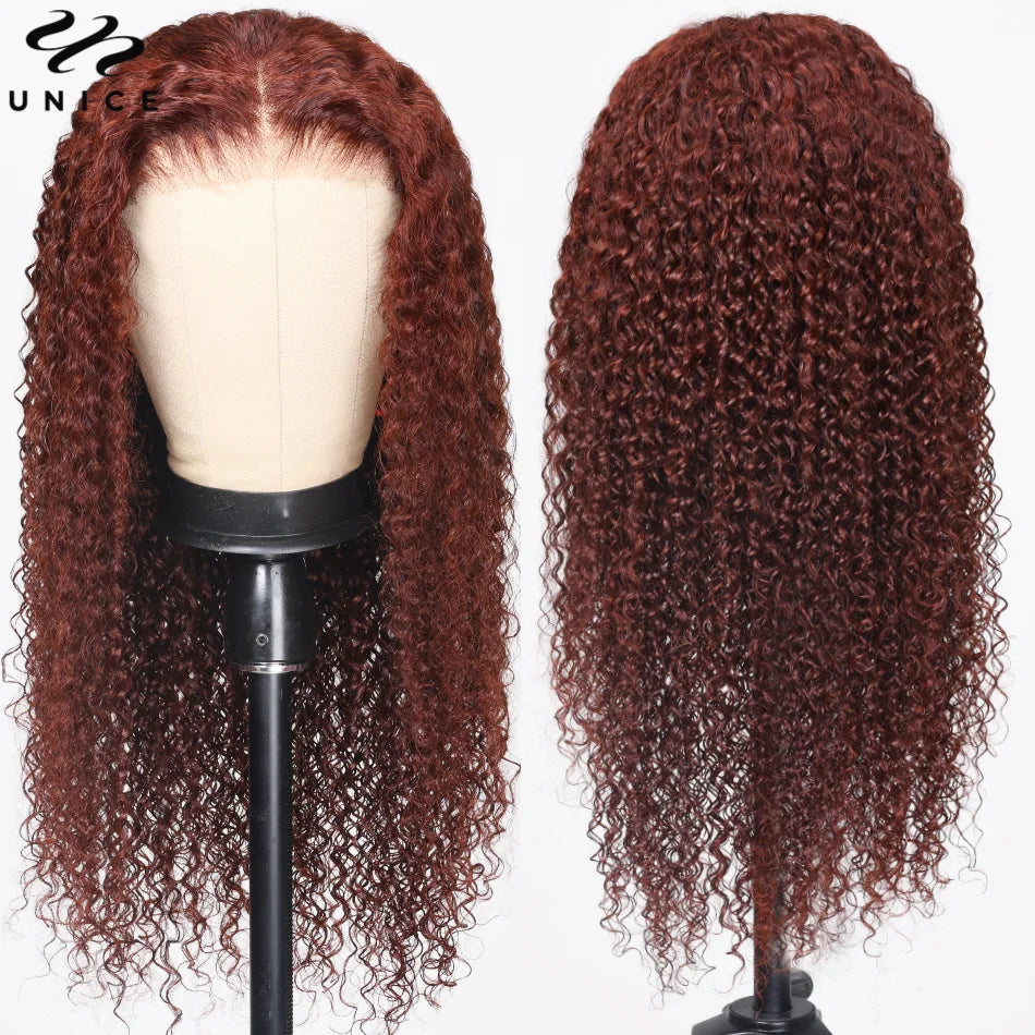 UNice Hair Bye-Bye Knots Wig Reddish Brown Curly 7x5 Glueless Wig Human Hair Pre Cut Pre Bleached Lace Front Human Hair Wigs