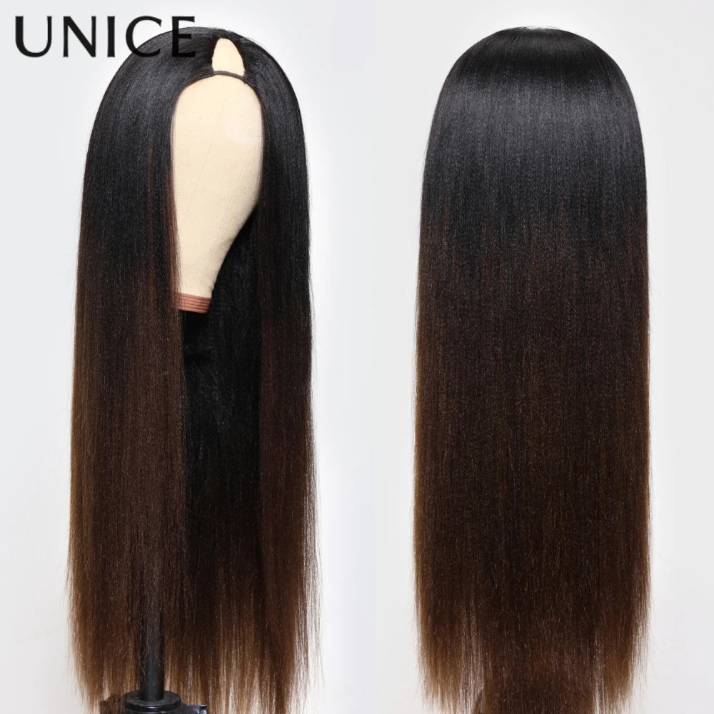 UNice Hair Chestnut Brown Yaki Straight V Part Wig 100% Human Hair Upgrade U Part Wig No Sew In Clip In Half Wig Real Scalp Wig