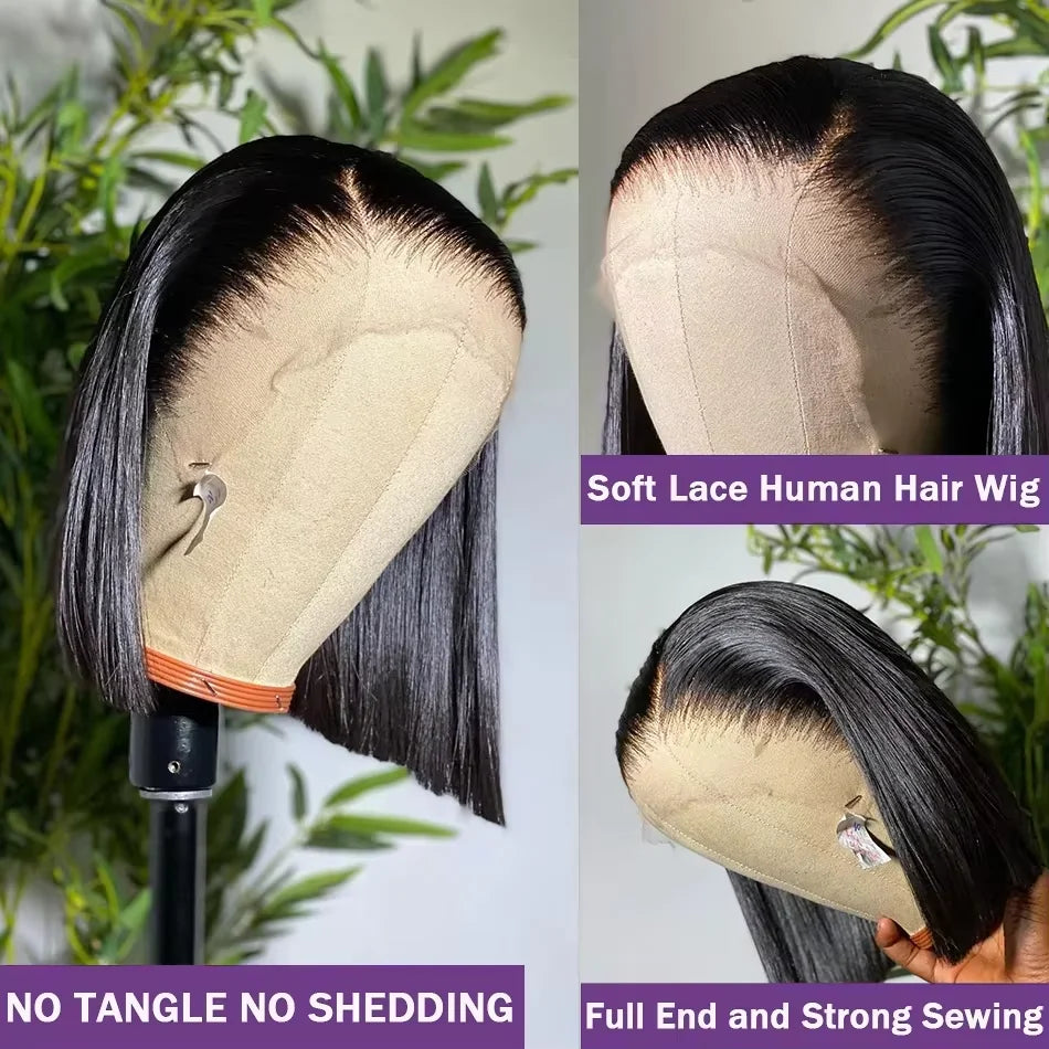 Natural Black Bone Straight 12 14 Inch Human Hair Wig 13x4 Short Bob Transparent Lace Front Wig 220% Density Wigs For Women