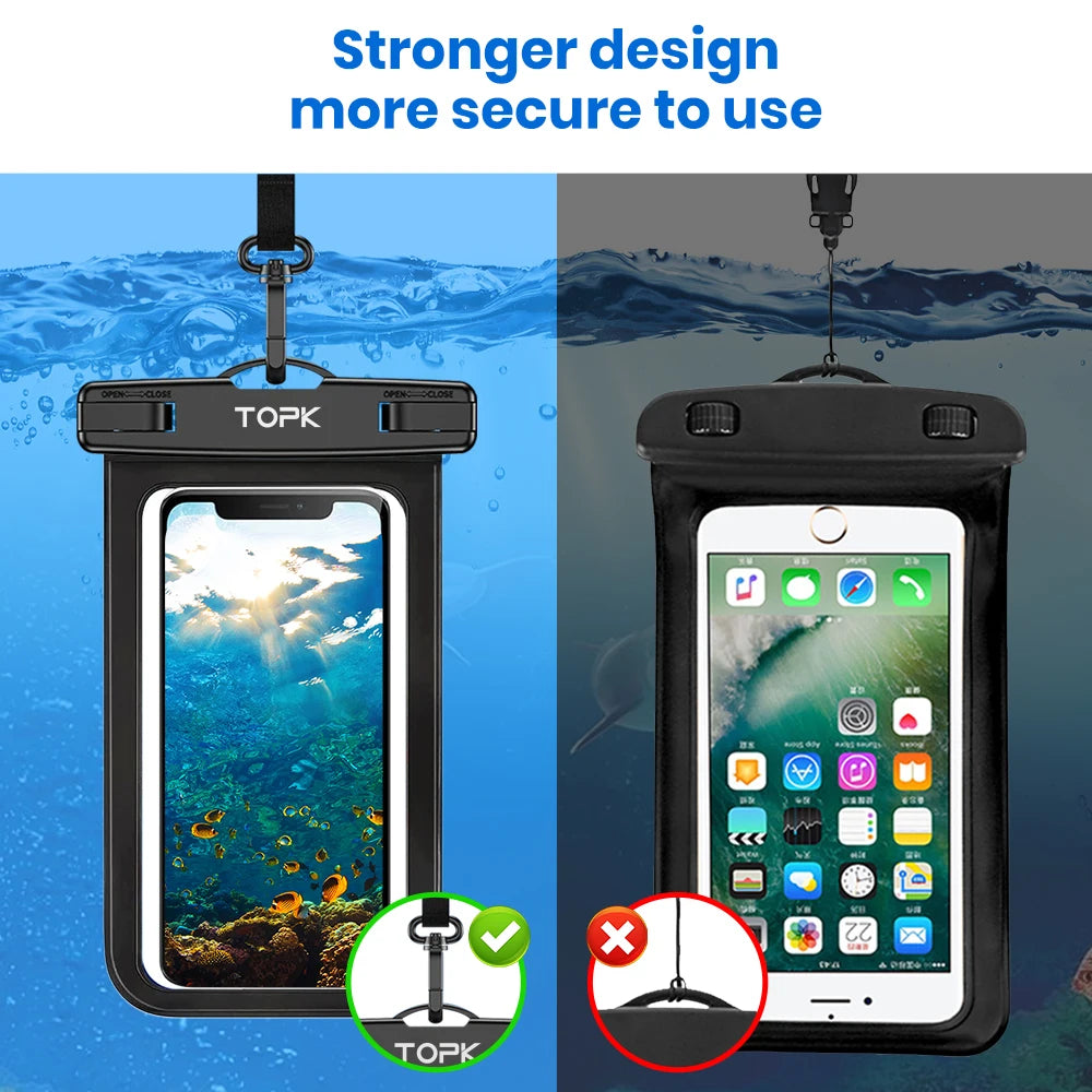 TOPK Waterproof Phone Pouch Case[2 Pack]IPX8 Waterproof Phone Case for Swimming Dry Bag with Clip Strap for iPhone 15 Up to 7”