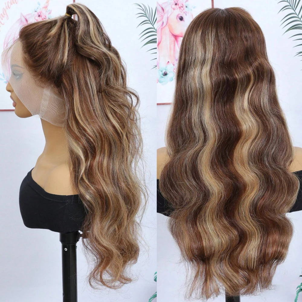 Highlight Ombre Invisi Strap 360 Full Lace Front Wig Human Hair Pre Plucked Body Wave 360 Glueless Upgrade 4/27 Human Hair Wig