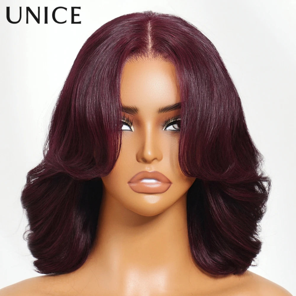 UNICE Hair Black Cherry Wavy Bob Wig With Face-framing Layers 7x5 Lace Pre Cut Pre Bleached Glueless Wig Human Hair 150% Density