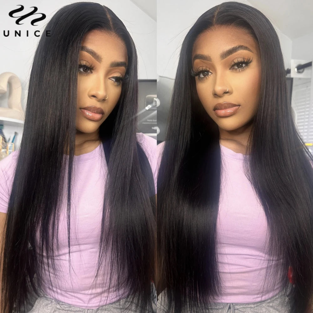Unice Hair Drawstring Cap Straight Lace Front Human Hair Wigs 13x4 Pre Plucked Pre Cut Pre Bleached Glueless Wigs 150% Density