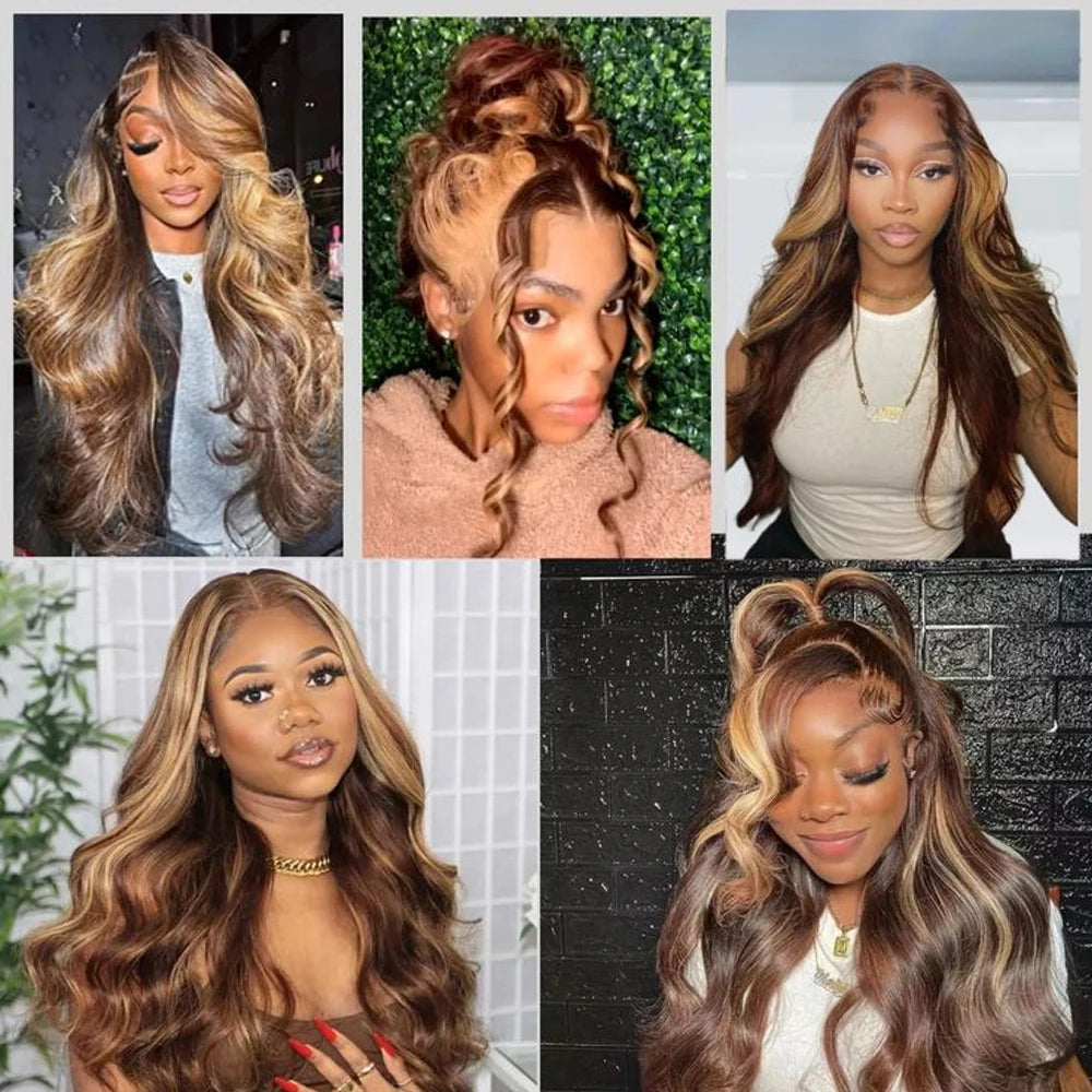 Highlight Ombre Invisi Strap 360 Full Lace Front Wig Human Hair Pre Plucked Body Wave 360 Glueless Upgrade 4/27 Human Hair Wig