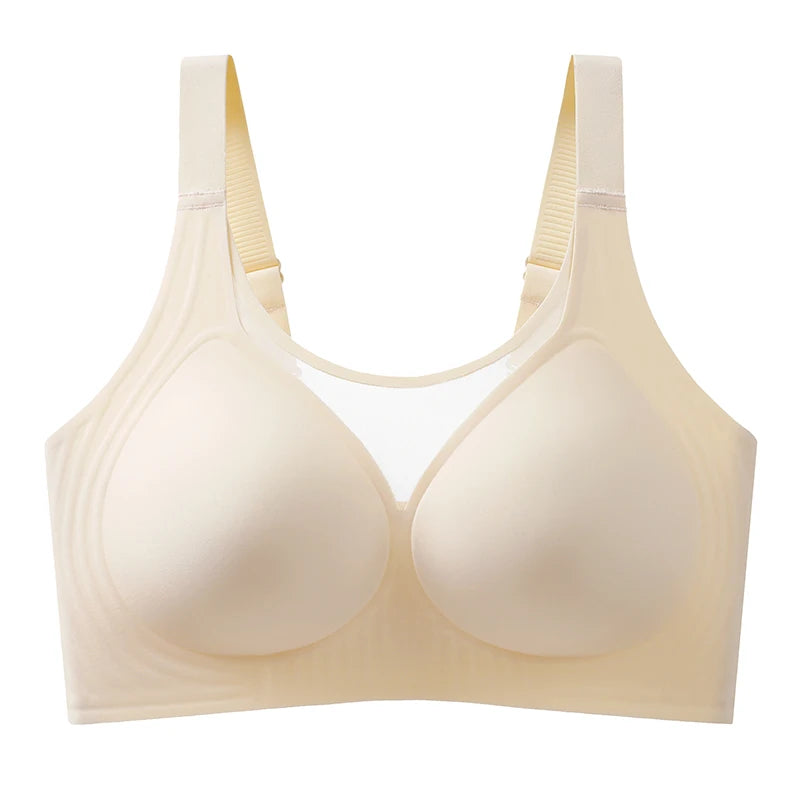 Plus Size Jelly Gum Full Cover Semi Fixed Large Cup Lace Underwear Anti Glare Mesh Woman Bra Comfortable  Gathering