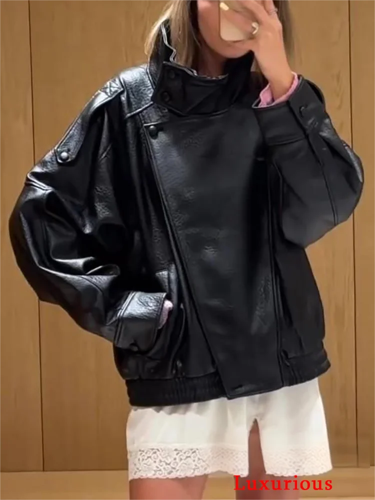 KONDALA Casual Chic Black Leather Jackets Women Long Sleeve Buttons Elastic Oversized Coats Fashion 2026 Spring Streetwear Coats