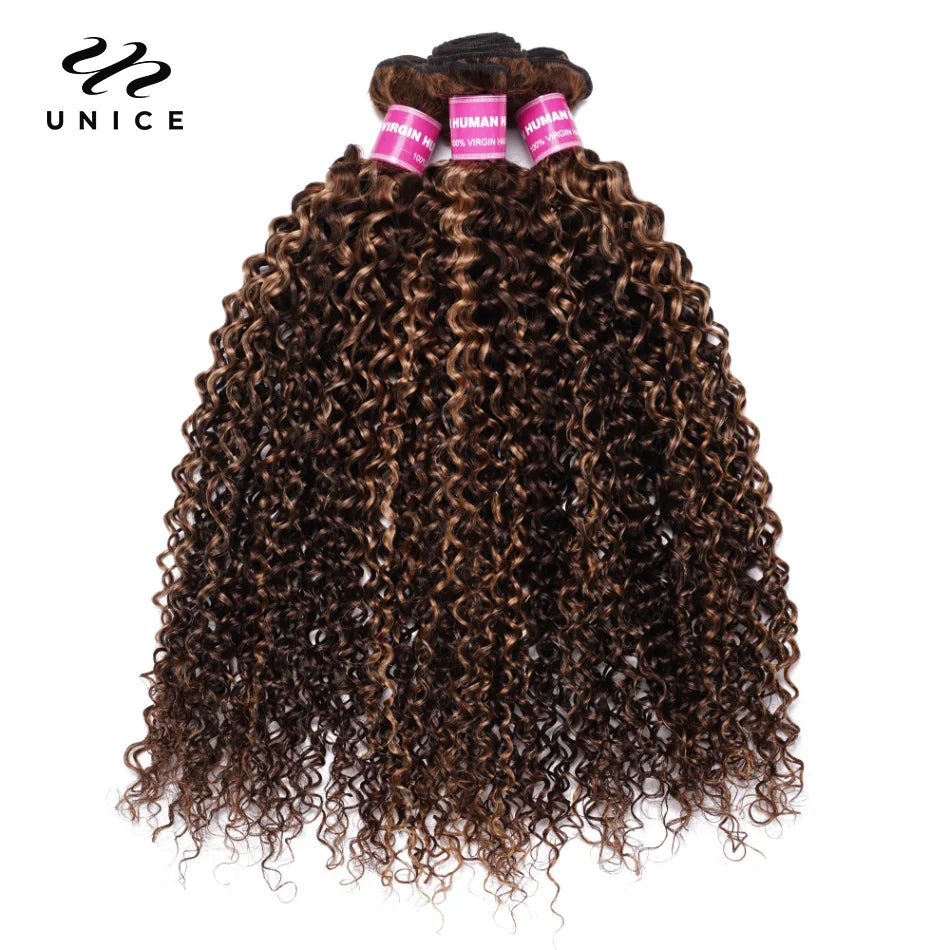 UNICE Hair TL412 Blonde Highlight Curly Hair Bundles 1/3/4 PCS Deal Pre Colored Human Hair Bundles Sew In Weaves Extentions
