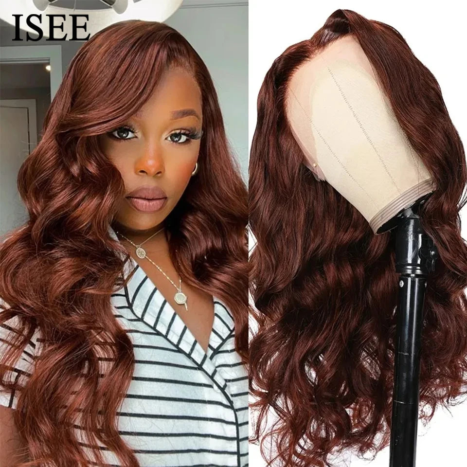 ISEE Hair Wig Brazilian Body Wave Colored Lace Front Wigs Chocolate Brown Human Hair Reddish Brown Closure Wig 99j Burgundy