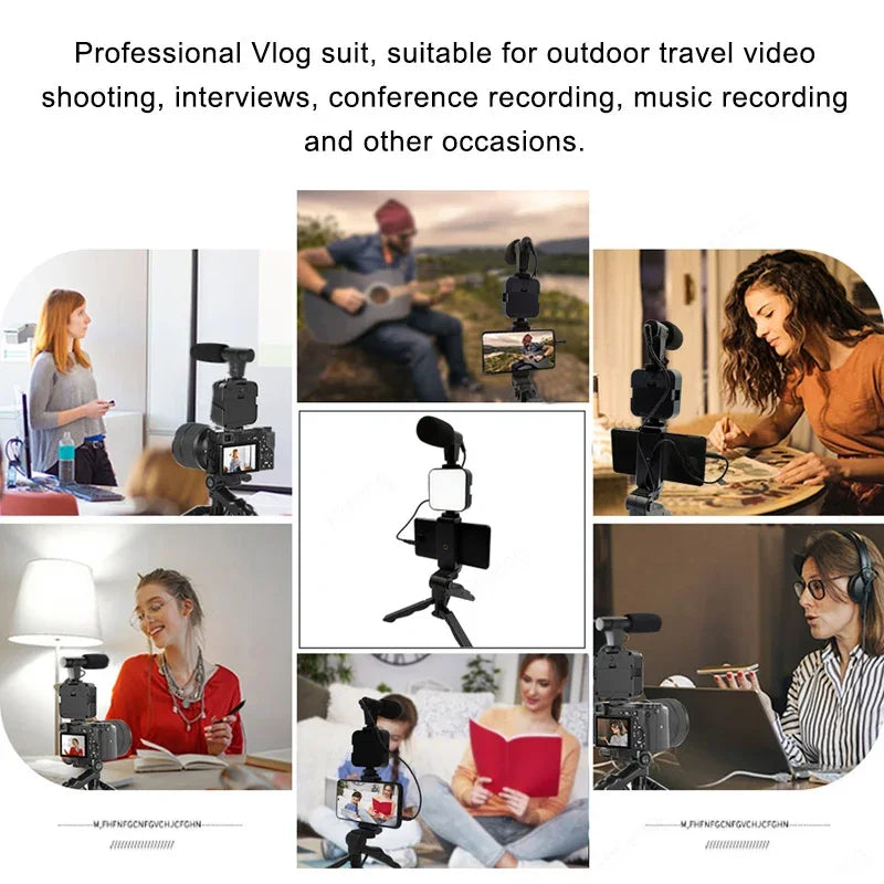 Smartphone Vlogging Kit With Tripod Phone Holder Mini Microphone LED Fill Light Starter For TikTok Live Stream Video YouTube