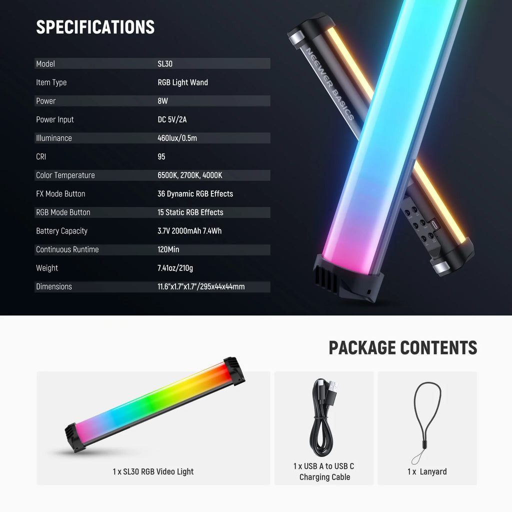 NEEWER Basics 12" Magnetic RGB Light Wand, 2700K/4000K/6500K CRI95 8W LED Dimmable Handheld Tube Light Stick 2000mAh