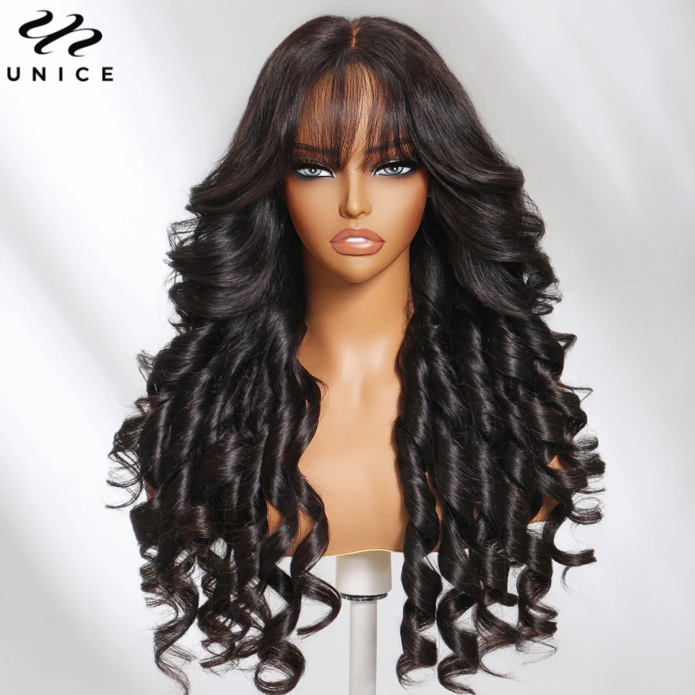 Unice Hair Loose Wave 13x4 Human Hair Lace Frontal Wig With Bangs Pre Cut Pre Bleached Pre Plucked Lace Front Human Hair Wig