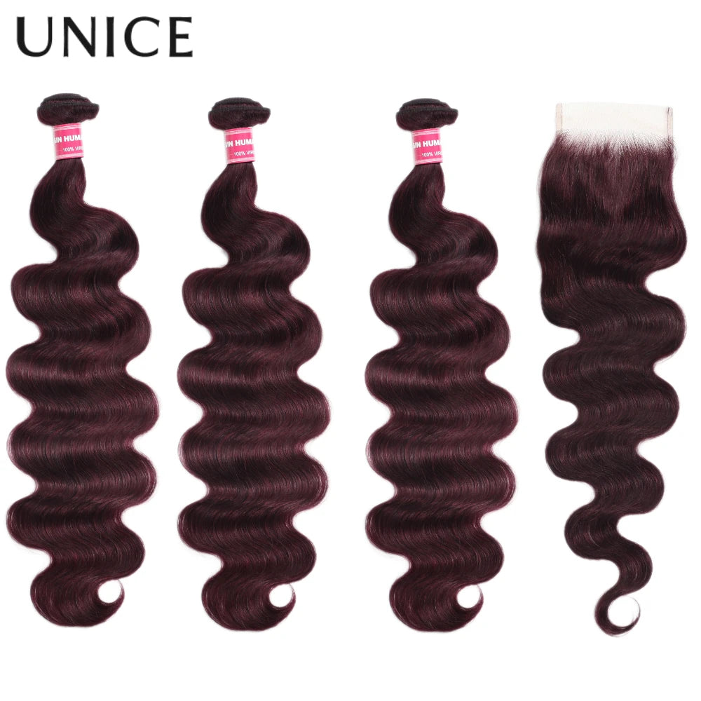 UNICE Hair Black Cherry Body Wave Human Hair 2/3/4 Bundles With 4x4 Lace Closure