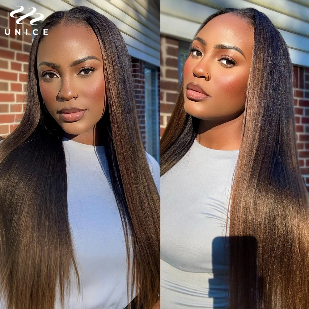 Unice Hair EasiContour Yaki Straight V Part Wig 100% Human Hair Clip In Half Wig No Glue Mini Leave Out Wig Read To Wear Go