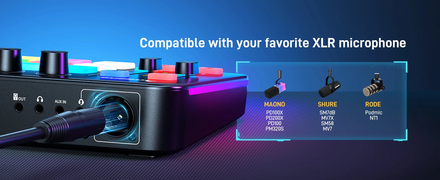MAONO G1 NEO Gaming Audio Mixer,Custom Sound Effects RGB Streaming with XLR Microphone Audio Interface,for Game Voice,Podcast