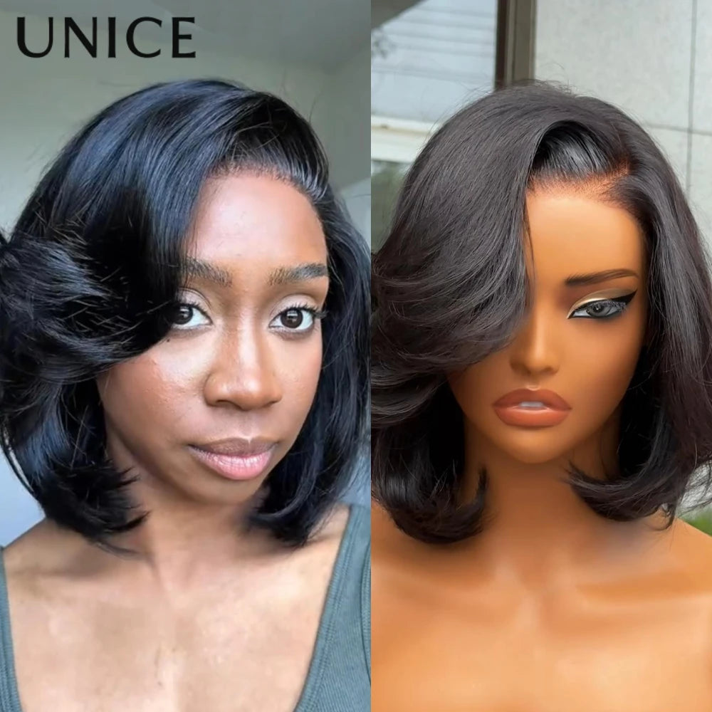 UNice Bye-Bye Knots™ 7x5 Lace Glueless Human Hair Wigs Side Part Layered Bob Wig With Side-Swept Bangs 150% Density