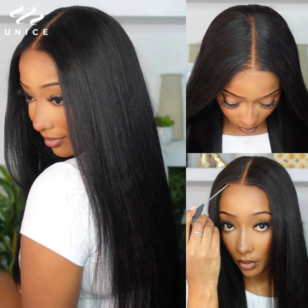 UNice Hair Reddish Brown Yaki Straight Wig 7x5 Lace Pre Cut Pre Bleached Glueless Wig Human Hair Ready To Wear 150% Density