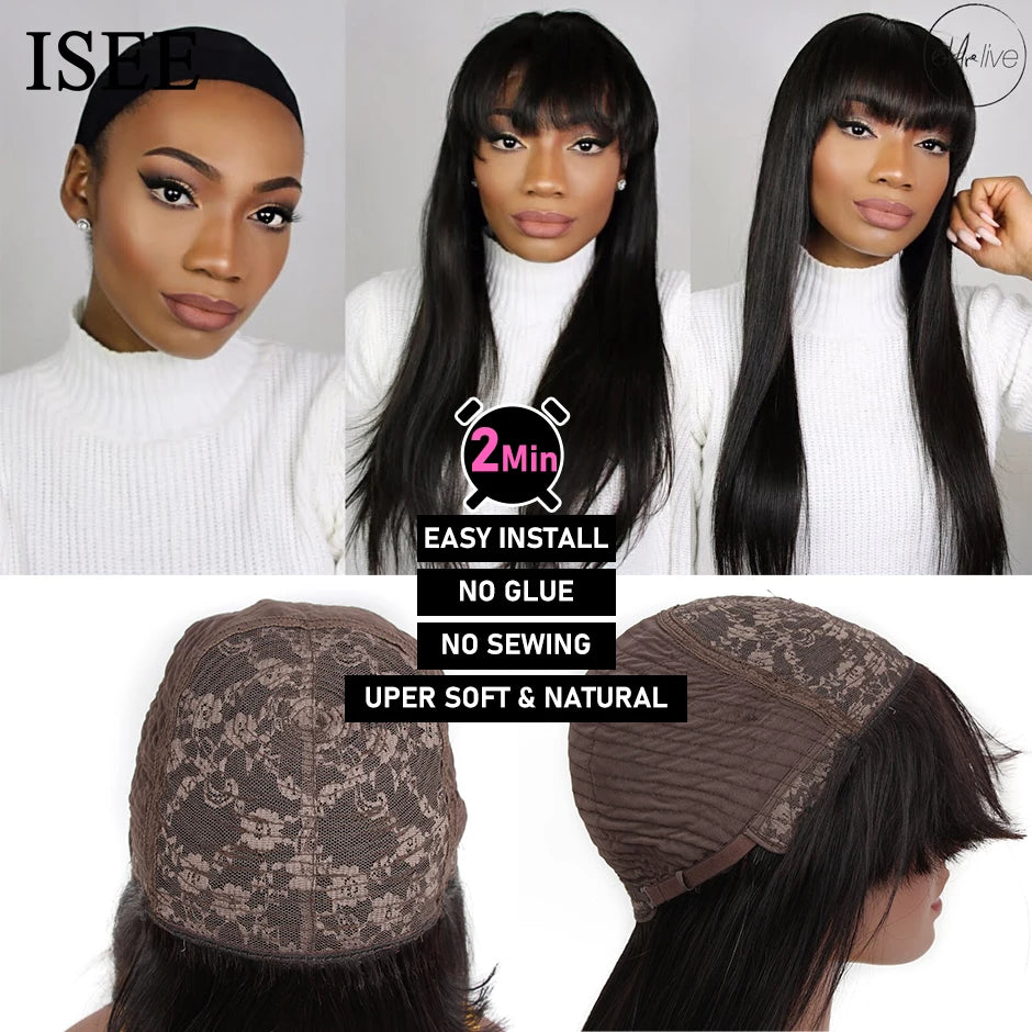 ISEEHAIR Machine Made Sew In Wig Human Hair Straight Wig  Malaysian Straight Wig with Bang Natural Color For Women Wigs No Glue