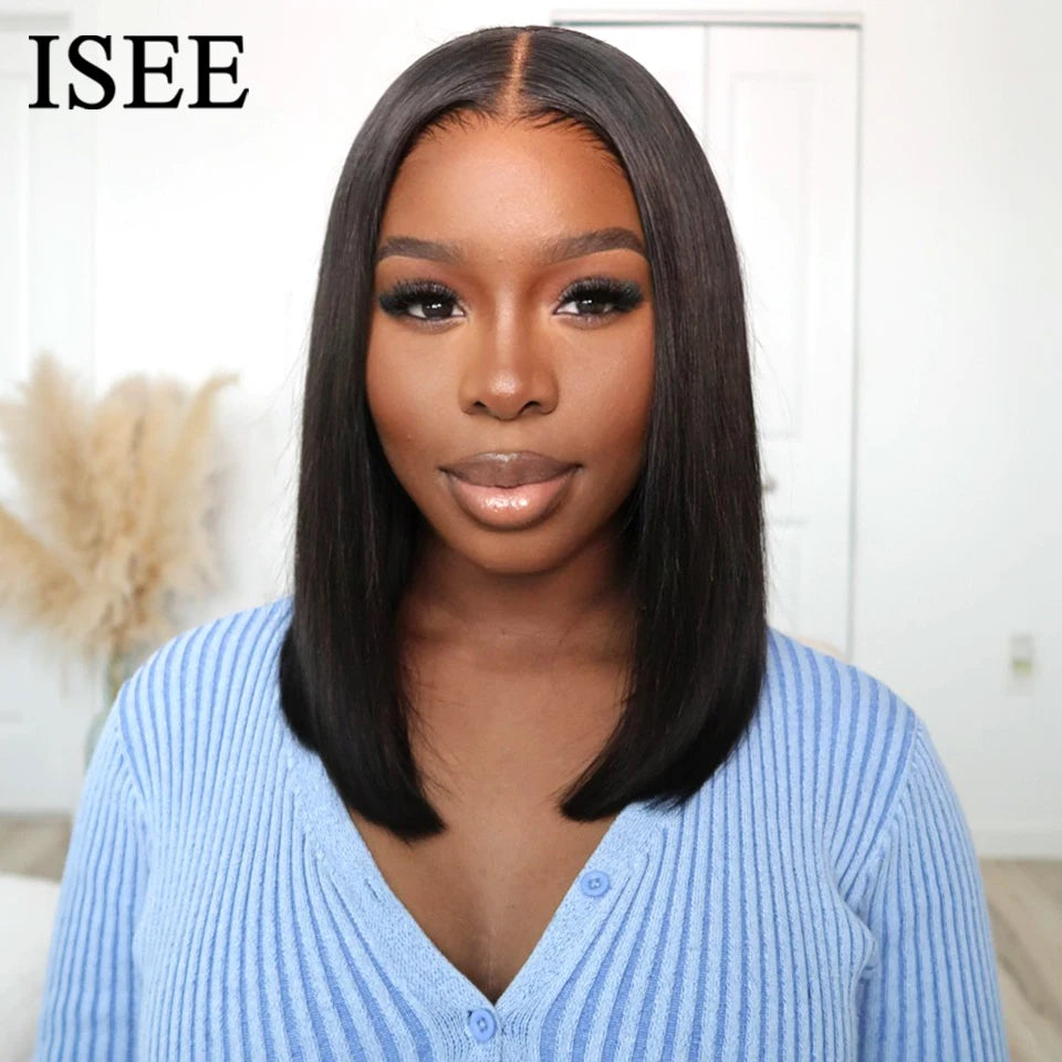 ISEE HAIR Wear And Go Glueless Human Hair Wig Bob HD Lace Straight Short Bob 7x5 Lace Frontal Pre Plucked Human Wigs Ready To Go