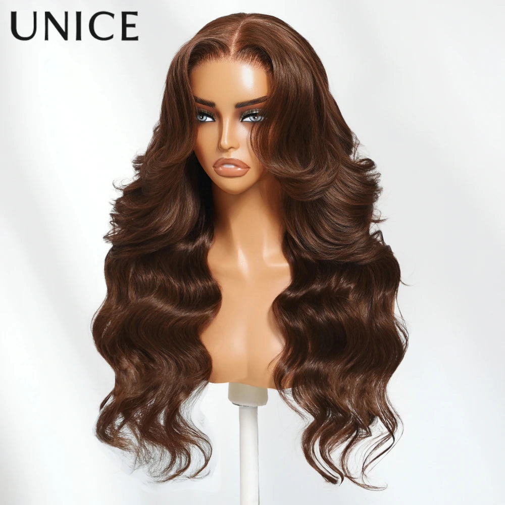 UNICE Hair Auburn Brown Loose Wave Wig With Face Framing Layer & Drawstring Pre Everything 13x4 Human Hair Lace Frontal Wig