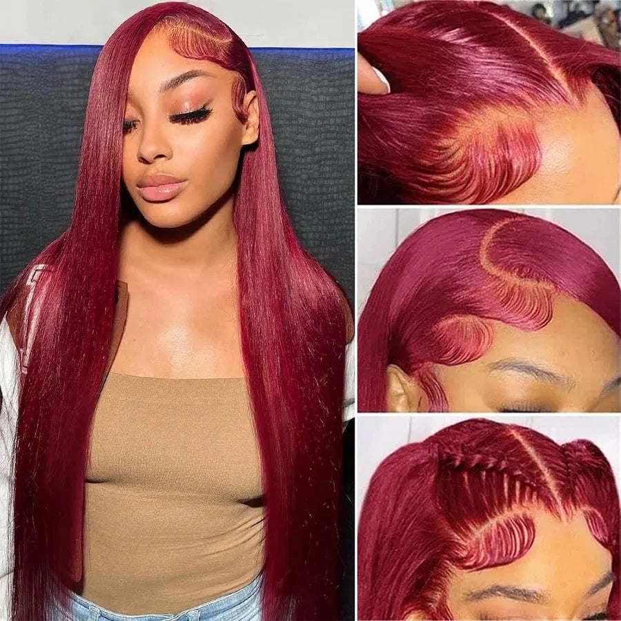 Premium 13x6 99J Burgundy Trendy Colored Human Hair Lace Front Wigs 180% HD Lace Frontal Wigs Bone Straight Human Hair Wig