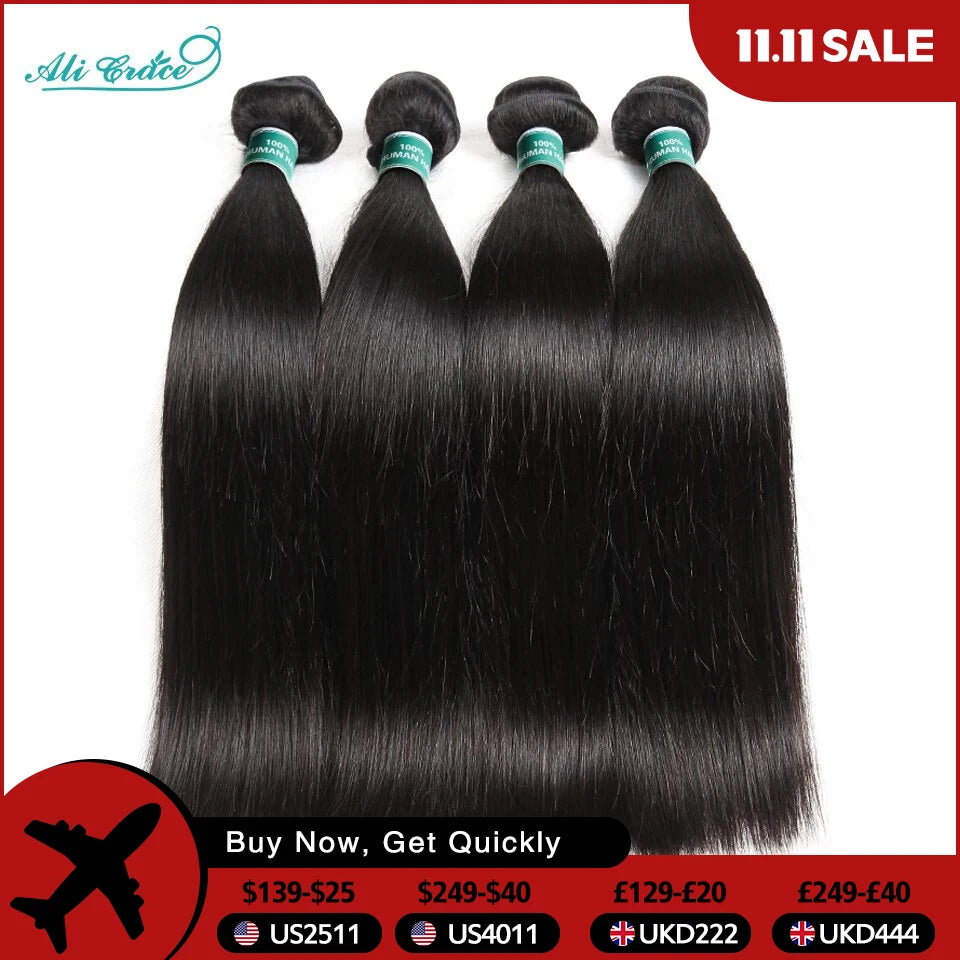 ALI GRACE Hair Brazilian Straight Human Hair 4 Bundles 100% Remy Human Hair Weaves Natural Color Straight Hair Bundle 10-28 inch