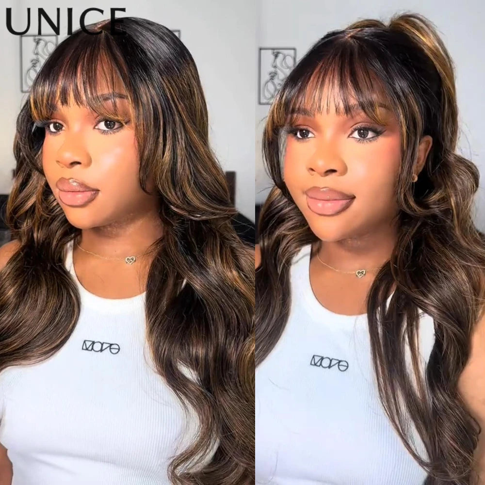 UNICE Hair Balayage Highlights Fluffy Loose Wave Wig With Curtain Bangs 7x5 13x4 Lace Front Human Hair Wigs With Drawstring