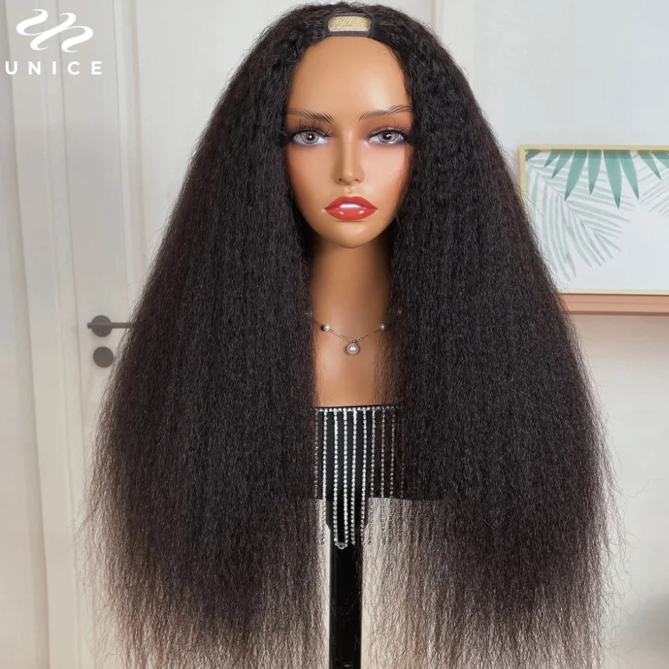 Unice Hair EasiContour Kinky Straight V Part Wig With Elastic Drawstring 100% Human Hair Upgrade U Part Wig 150% Density