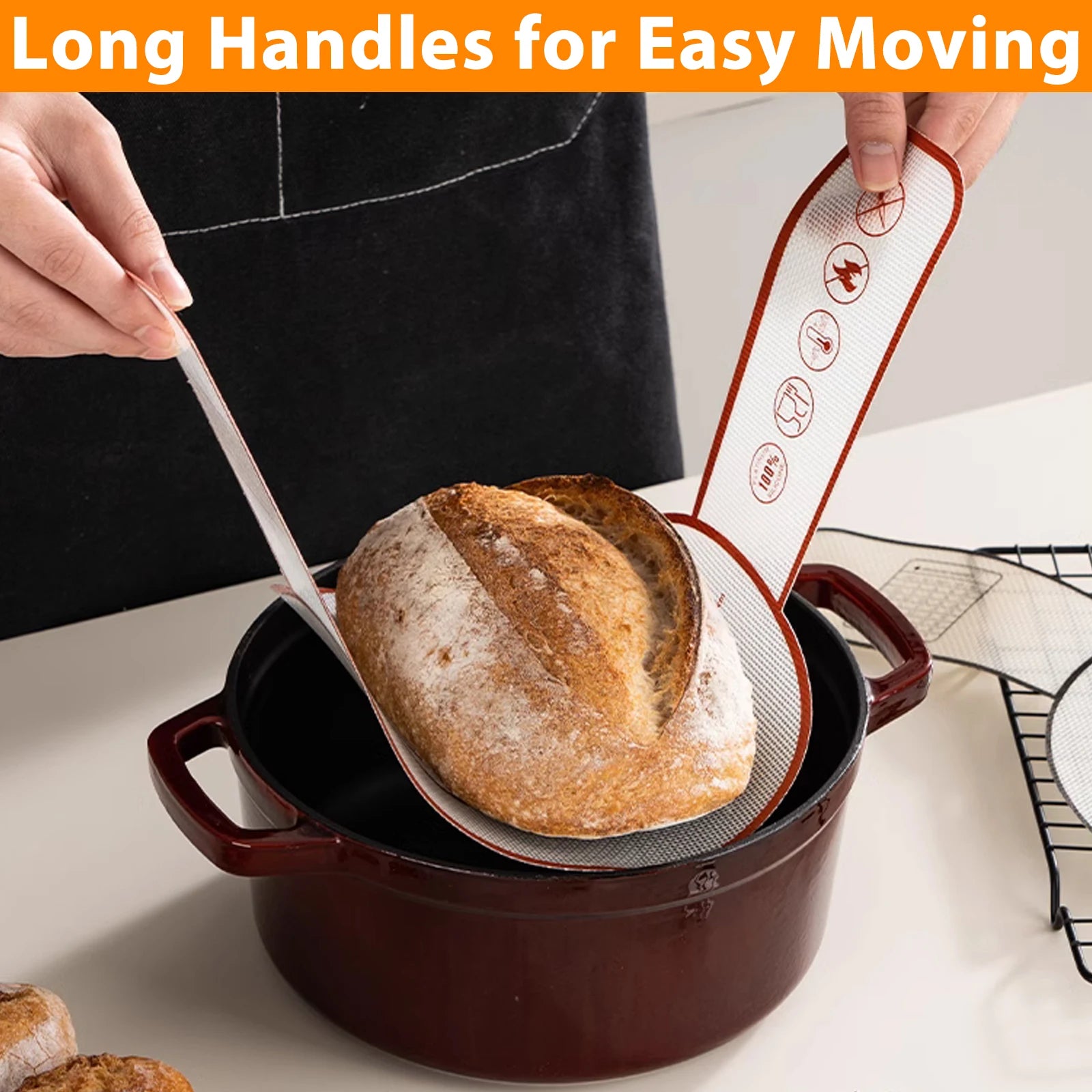 Silicone Bread Sling for Dutch Oven, Reusable Baking Mat with Long Handles, Non-Stick Sheet Liners for Transferable Dough Pastry