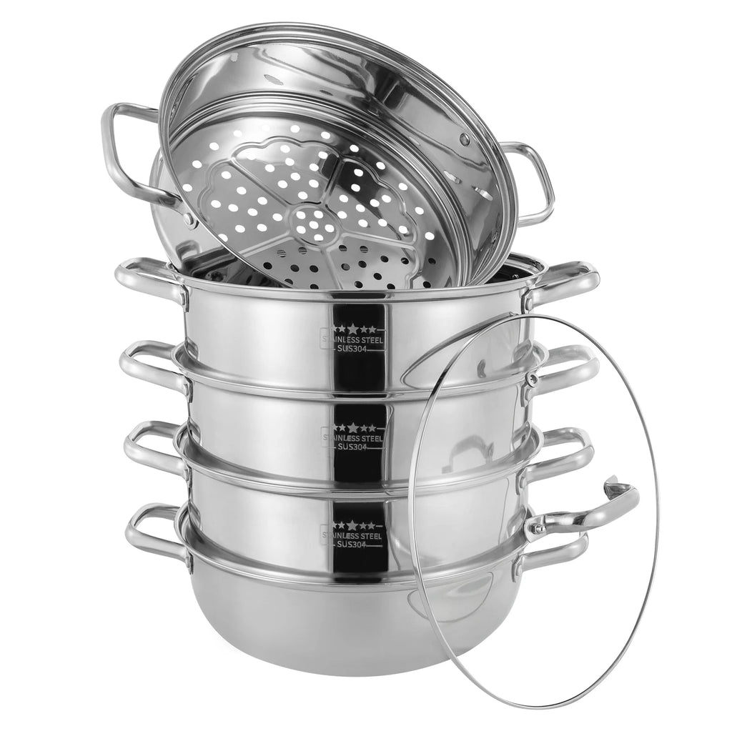5 Tier  26/28/30/32cm Steame Cooker Steamer Pan Cook Food Veg Pot Stainless Steel Silver w/Glass Lid