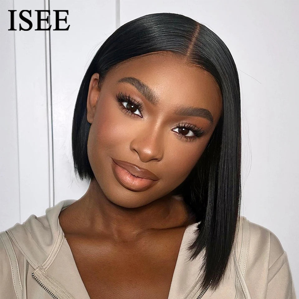 ISEE HAIR Wear And Go Glueless Human Hair Wig Bob HD Lace Straight Short Bob 7x5 Lace Frontal Pre Plucked Human Wigs Ready To Go
