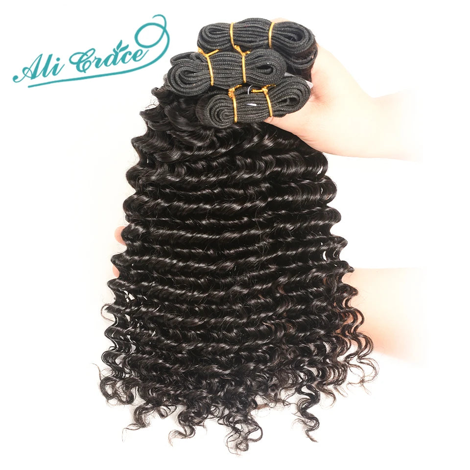 Brazilian Deep Wave Hair Bundles 100% Remy Human Hair Extensions 1 3 4 Bundle Deals ALI GRACE Deep Wave Human Hair Bundles