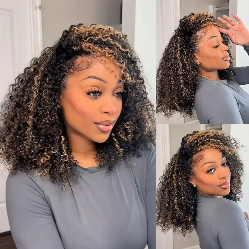 ISEE Hair 3 IN 1 Half Wigs Human Hair Water Wave Highlight 1B/ 30 Glueless Wigs With Drawstring Seamless Clip Ins Flip Over