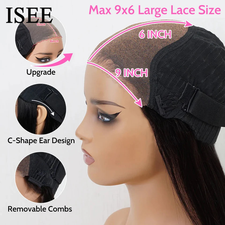 ISEE Hair Wear And Go Malaysia Straight Lace Front Wig Pre Bleached Knots 6x9 Lace Glueless Wig Human Hair Pre Cut PrePlucked