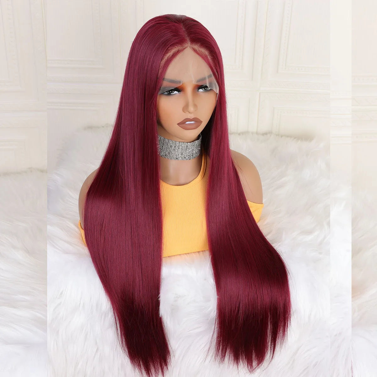 Premium Burgundy Lace Front Wig 26 Inch - 99J Wine Red Straight Synthetic Wig with Baby Hair | Glueless Pre-Plucked 180% Density