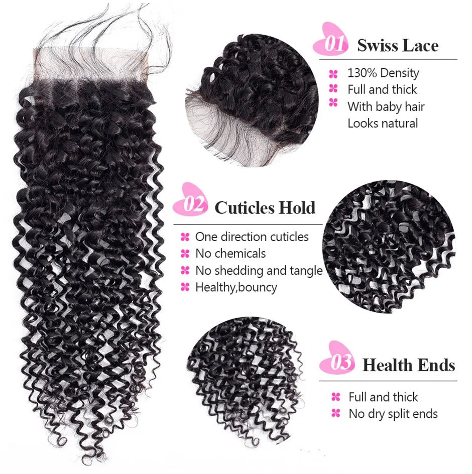 ISEE HAIR Kinky Curly Lace Closure 4*4 Free Part 100% Remy Human Hair Bundles 8-20 inch Lace Closure Nature Color