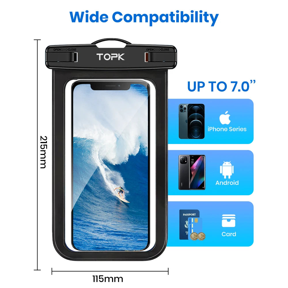 TOPK Waterproof Phone Pouch Case[2 Pack]IPX8 Waterproof Phone Case for Swimming Dry Bag with Clip Strap for iPhone 15 Up to 7”