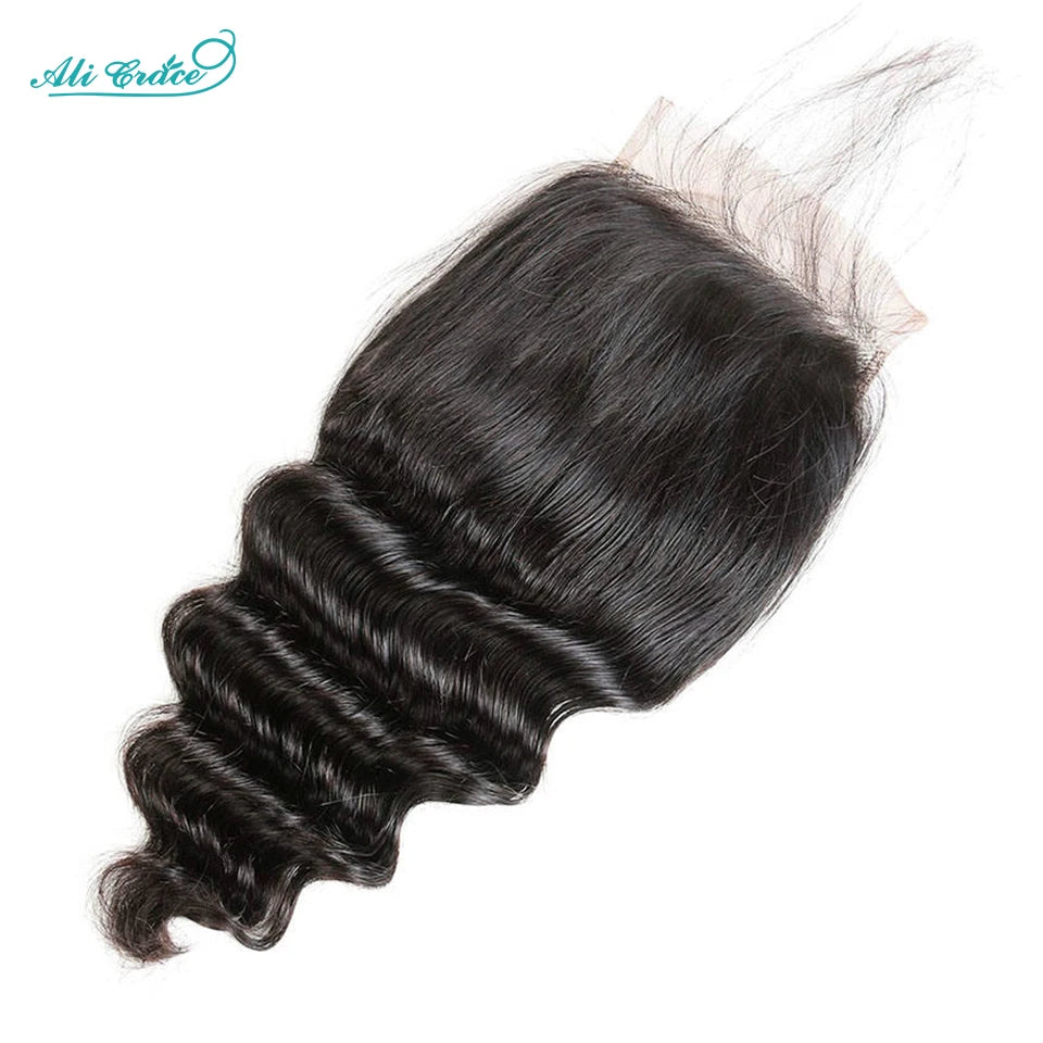 Ali Grace Hair Brazilian Loose Wave Bundles With Closure Transparent 100% Remy Hair 3 Bundles With 4x4 Lace Closure Middle/Free