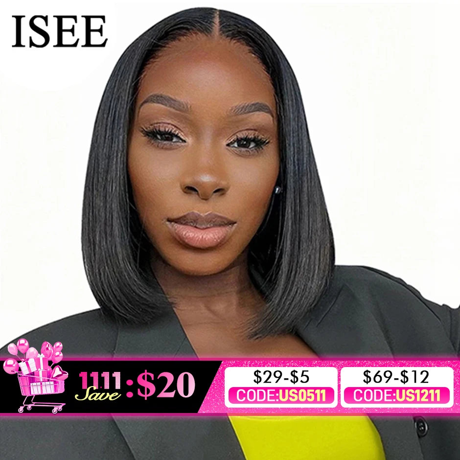 ISEE HAIR Wear And Go Glueless Human Hair Wig Bob HD Lace Straight Short Bob 7x5 Lace Frontal Pre Plucked Human Wigs Ready To Go