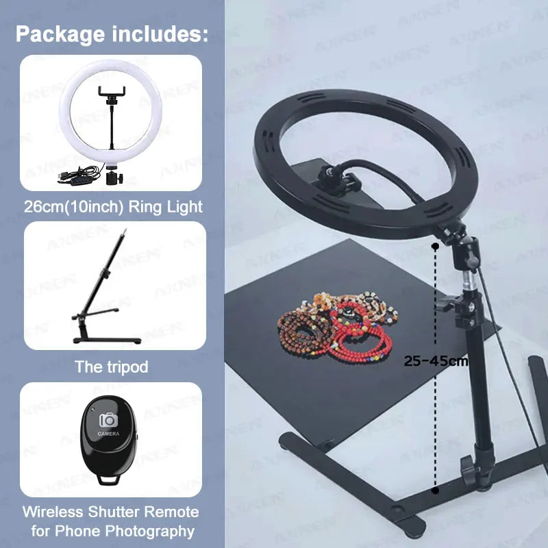 Desktop Foldable Overhead Tripod with Ring Light for Smartphone with Phone Holder Photography Table Stand Live Photo Video Shot
