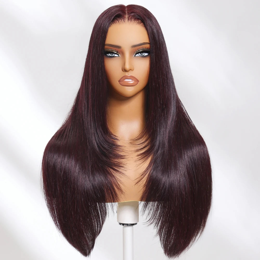 UNICE Hair Black Cherry Layered Cut Straight Wig 7x5 Pre Cut Pre Bleached Lace Front Human Hair Wig 180% Density