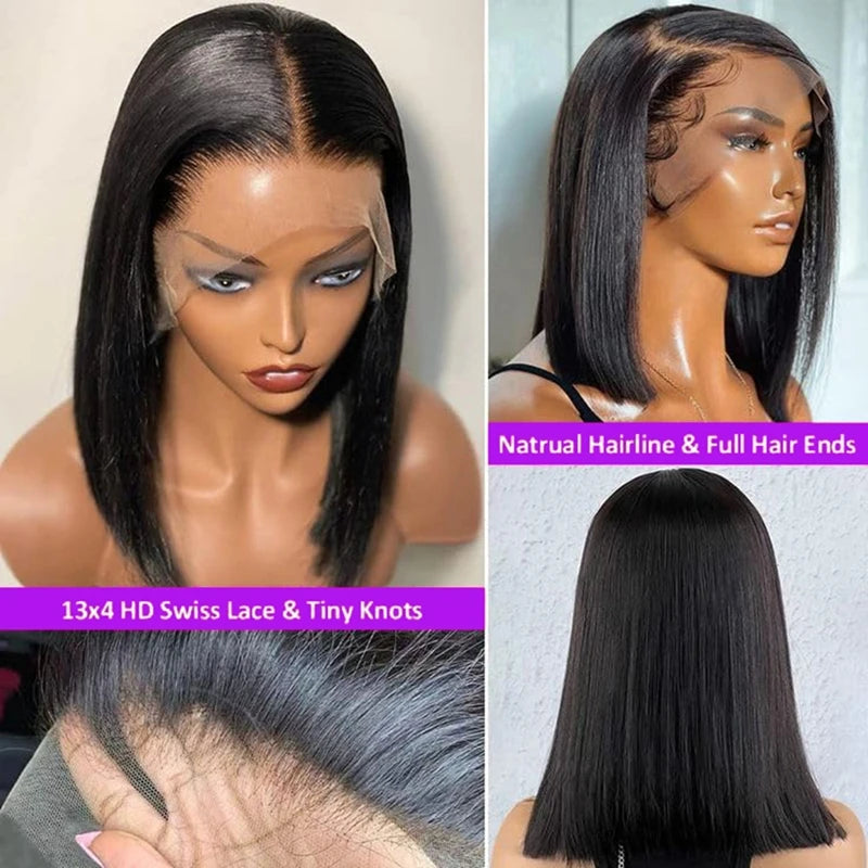 13x4 Lace Front Bob Wig Human Hair 200 Density Brazilian Virgin Straight Hair Wig Pre-Plucked Natural Black