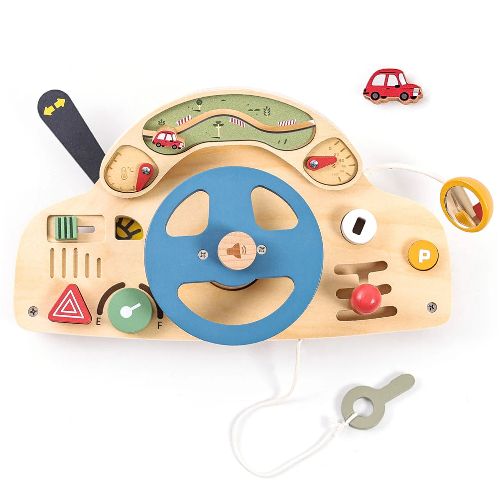 Montessori Simulation Car Steering Wheel Multi-Function Baby Wooden Early Sensory Education Toy Car Busy Board Game Toy Kid Gift