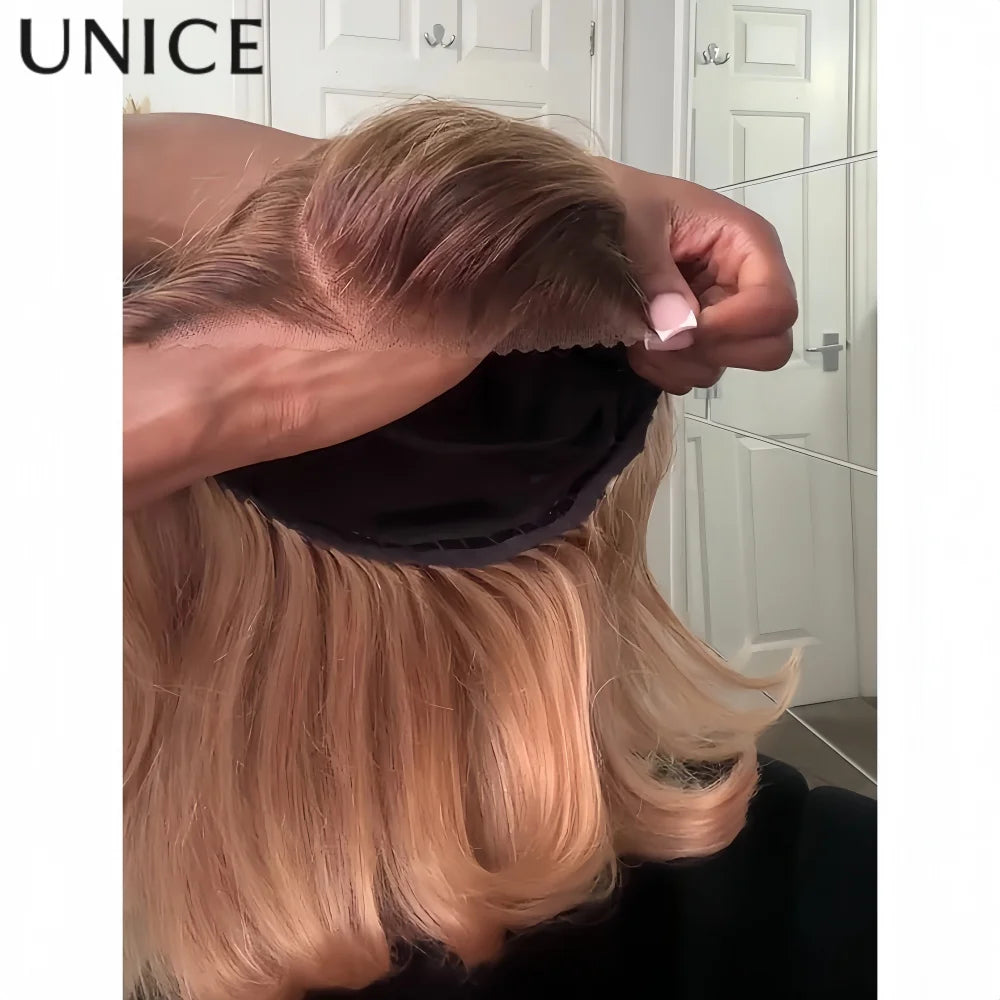 UNice Pre Everything 13x4 Lace Blonde With Brown Roots Bob Human Hair Wig With Invisi Drawstring