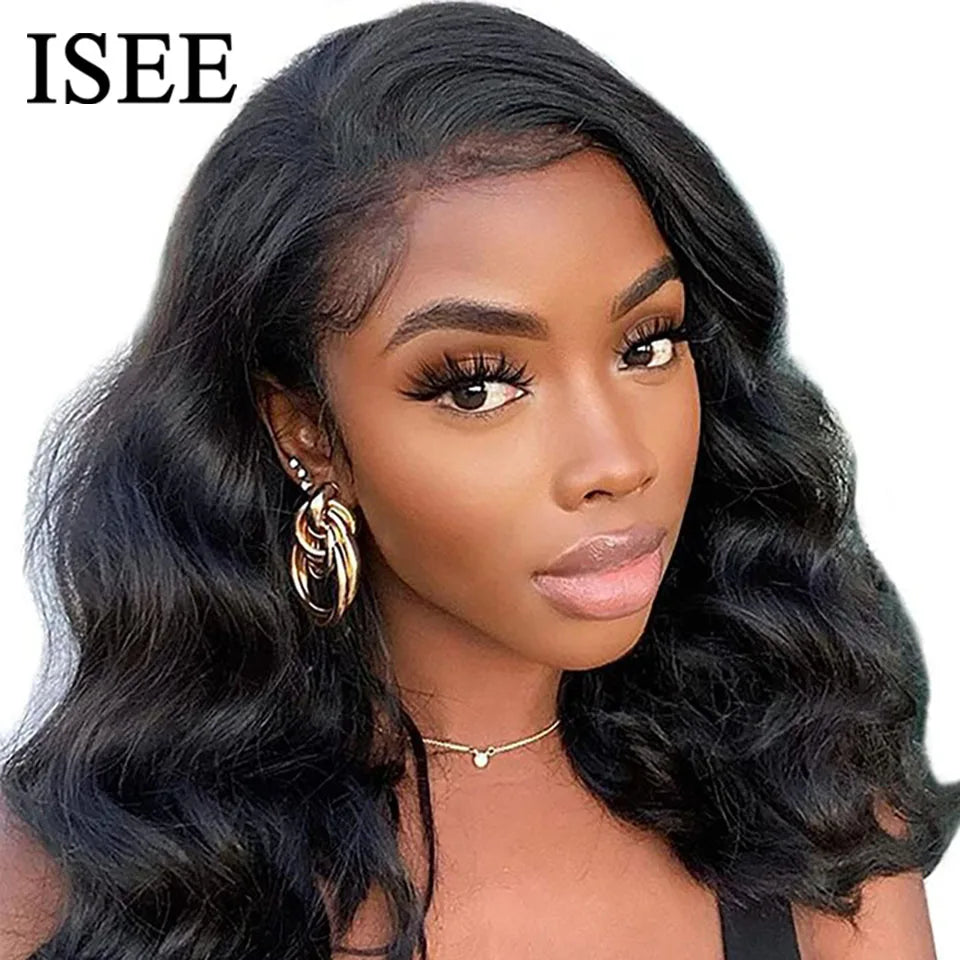 ISEE Hair Body Wave Lace Front Wig Pre Bleached Knots Glueless Wigs Wear And Go Short Bob Human Hair Wigs Closure Wigs