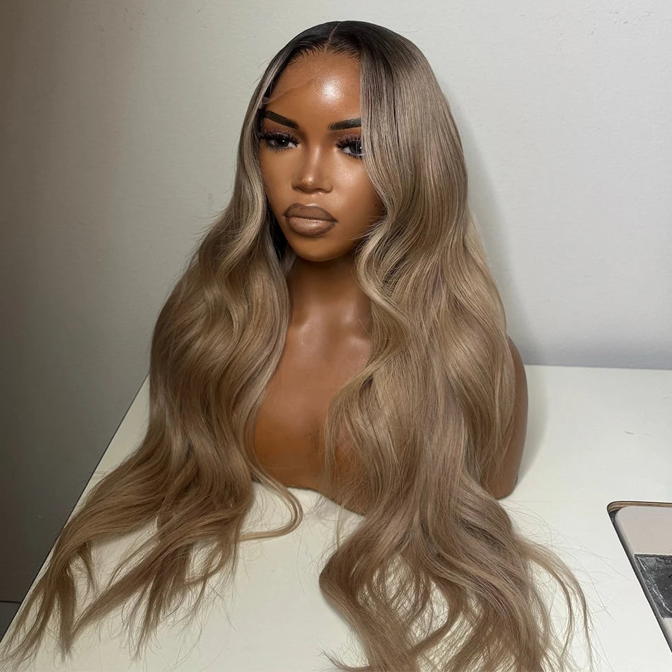 Salon Quality Tuneful Special Customize Dark Roots Ash Blonde 13x6 HD Lace Front Human Hair Frontal Wigs Rich Girl Colored Wigs