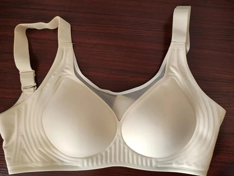 Plus Size Jelly Gum Full Cover Semi Fixed Large Cup Lace Underwear Anti Glare Mesh Woman Bra Comfortable  Gathering
