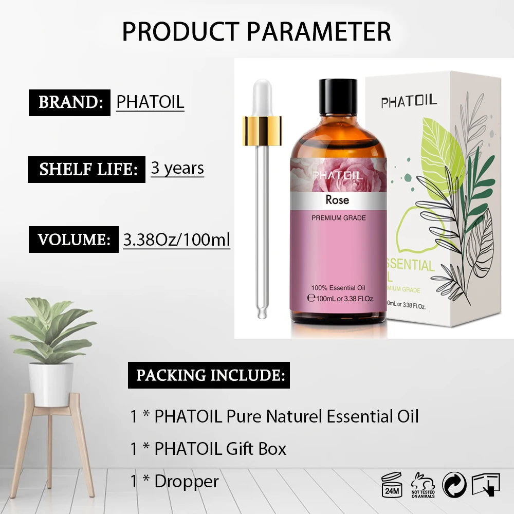PHATOIL 100ML Spearmint Pure Natural Rose Essential Oils for Humidifier Diffuser Spa Massage Clove Bud Oregano Helichrysum