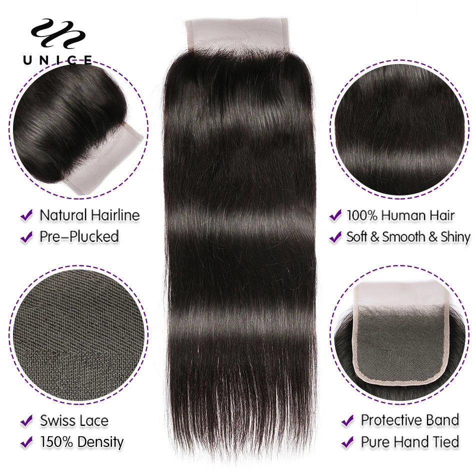 Unice hair Free Shipping Peruvian Virgin Hair With Closure 3 Bundles Peruvian Straight Hair Wefts 12A Grade Peruvian Middle Part