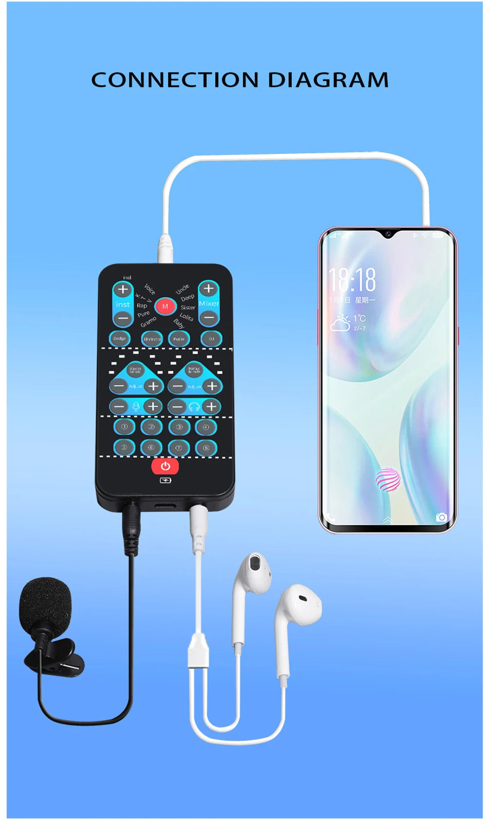 i9 Voice Changer Mini Multiple Audio Effect Bluetooth-Compatible Live Sound Cards Ultra-Thin Portable Live Sound Card Mic Tool