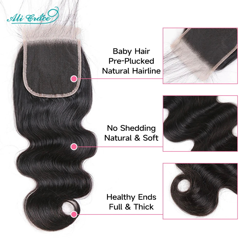 Ali Grace Body Wave Bundles With Closure Brazilian 3 Bundles With 4x4 Transparent HD Lace Closure Human Hair With Closure